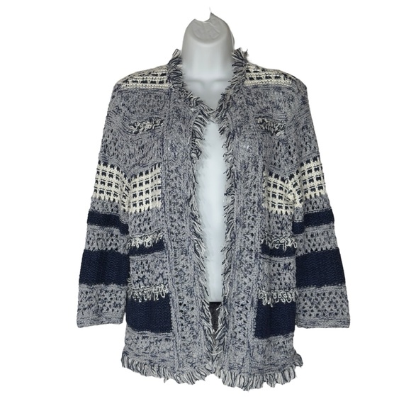 Chicos Blue White Textured Knit Fringe Boho Cottagecore Cardigan Small - Picture 2 of 13